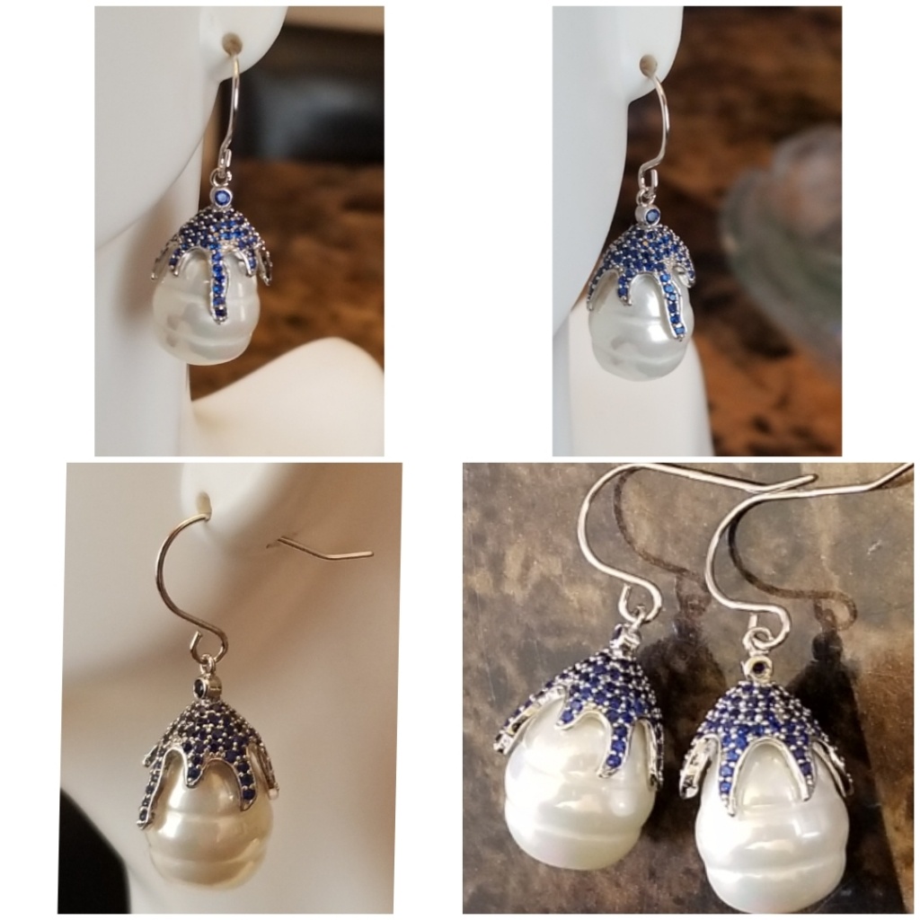 Genuine Blue Sapphires, Fresh Water Pearl Earrings